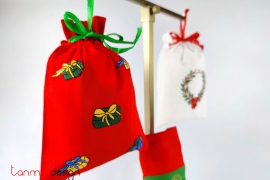   Túi quà Noel đỏ thêu tay cỡ nhỏ-thêu hộp quà
